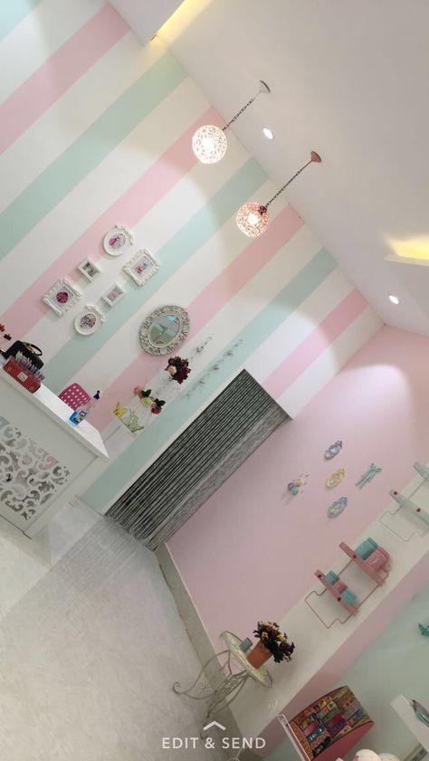 Pink And Blue Painted Walls, Blue And Pink Wall Paint Ideas, Pink And Blue Kids Room, Pink And Blue Kids Bedroom, Pink And Blue Walls, Pastel Wall Paint Ideas, Baby Room Design Ideas, Pink Blue Decor, Pink Striped Walls