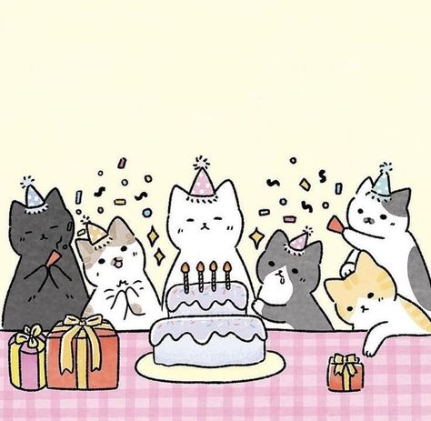 Cute Birthday Cat Drawing, Birthday Icons Aesthetic, Happy Birthday Cute Drawing, Hbd Drawing, Hbd Sticker, Birthday Cat Drawing, Cute Birthday Drawings, Kawaii Postcard, Cute Happy Birthday Drawings