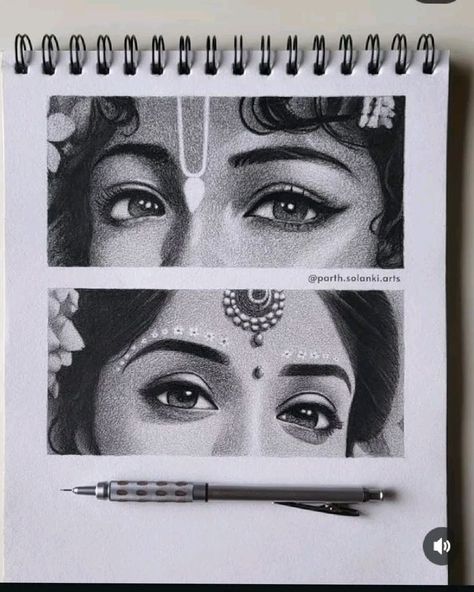 Goddess Sketch Pencil, Krishna Eyes Images, Radha Krishna Charcoal Sketch, Radha Krishna Face Drawing, Radha Eyes Drawing, Lord Krishna Eyes Drawing, Sketch Potrait Idea, Realistic Pencil Sketches Portraits, Krishna Face Drawing