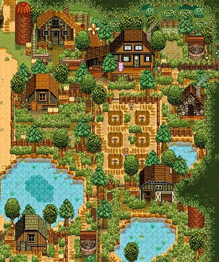 Stardew Valley Aesthetic Farm No Mods, Cute Stardew Valley Forest Farm, Stardew Valley Switch Farm Layout, Cute Stardew Farm Layout, Aesthetic Farm Layout Stardew, Star Dew Valley Aesthetic, Aesthetic Stardew Valley Farms No Mods, Farm Inspo Stardew Valley, Stardew Valley Quality Sprinkler Layout