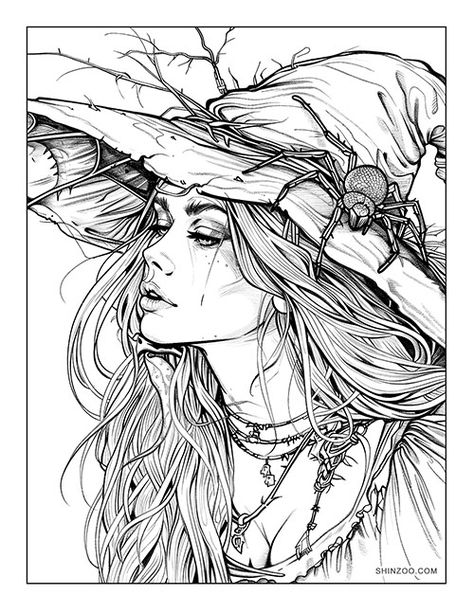 Spider Witch Coloring Page Vampire Coloring Pages For Adults, Witch Coloring Pages Free Printable, Witchy Coloring Pages Free Printable, Witchy Coloring Pages For Adults, Witches Coloring Pages, Goth Coloring Pages, Gothic Coloring Pages, Spider Coloring Pages, Witch Coloring Page