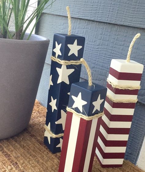 Patriotic Firecrackers Set of 3 by EllieDeeDesigns on Etsy July Ideas, Fourth Of July Decor, July Decor, Patriotic Crafts, Wood Post, Candle Sticks, 4th Of July Decorations, Patriotic Holidays, July Crafts