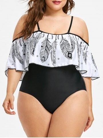 Flounce Swimsuit, Curvy Swimwear, Trendy Swimwear, White Swimsuit, Feather Print, Trendy Plus Size Clothing, Plus Size Swimsuits, Print Swimsuit, Plus Size Kleidung