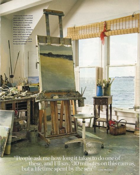 easel, painting & view of artist Anne Packard (from brightly the universe, via Coastal Living magazine) Coastal Living Magazine, Art Studio Space, Art Studio Design, Artistic Space, Dream Studio, Living Magazine, My Art Studio, Painting Studio, Craft Studio