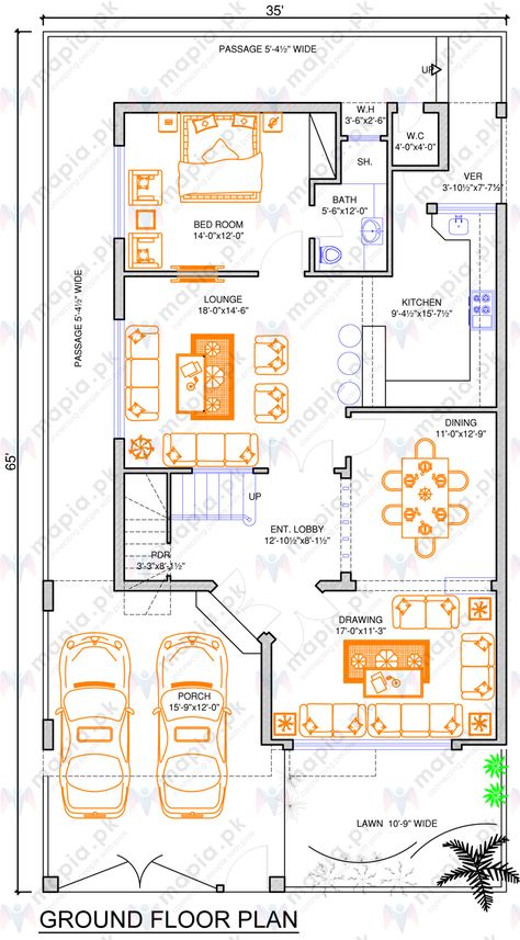 Floor Plan Elevation, 10 Marla House Plan, Home Map Design, 30x50 House Plans, House Plan Design, 2d Floor Plan, Plan Elevation, Duplex Floor Plans, Bungalow Floor Plans