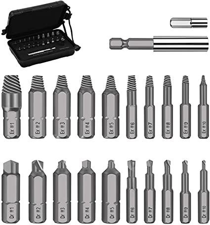 22 Piece Damaged Screw Extractor Set - Remover Set by Easy Out, Easily Remove Stripped or Damaged Screws. Made From H.S.S. 4341#, the Hardness Is 62-63hrc,Set of 22 Stripped Screw Remover Screw Extractor, Stripped Screw, Electric Hand Drill, Lag Bolts, Screws And Bolts, Hammer Drill, Electric Drill, High Speed Steel, Removal Tool