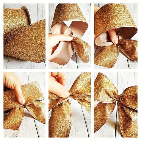 🎄🎀 How to make beautiful bows to glam up your tree 🎀🎄 using 63mm 2.5" wide wired ribbon (wide range available in our eBay store)  #gold… Wired Ribbon Bows, Burlap Bow Tutorial, Christmas Bows Diy, Glitter Champagne, Make A Bow, Bows Diy Ribbon, Christmas Tree Bows, Polymer Clay Ornaments, Diy Bows