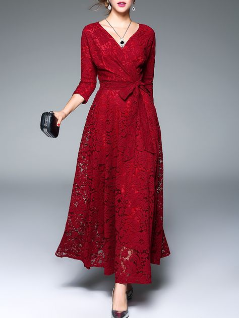 Shop Red V Neck Tie-Waist Maxi Dress online. SheIn offers Red V Neck Tie-Waist Maxi Dress & more to fit your fashionable needs. Tie Waist Maxi Dress, Dress With Sleeves, Red Lace Dress, فستان سهرة, Maxi Dress Online, Designs For Dresses, Lace Maxi, Neck Lace, Lace Maxi Dress