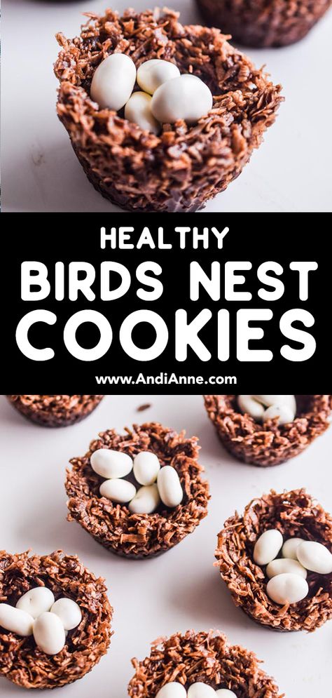 No bake birds nest cookies are healthy, delicious and made with only five ingredients. This recipe uses shredded coconut, cacao powder, coconut oil, maple syrup and yogurt covered raisins. Everything can be put together in less than 10 minutes. Kids will love this delicious cookie. Perfect for Spring and Easter treats! Coconut Birds Nest Recipe, Bird Theme Food, Easter Birds Nest Treats, Easter Nest Treats, Bird Nest Cookies, Easter Nests Recipe, Playful Pioneers, Birds Nests Recipe, Nesting Party