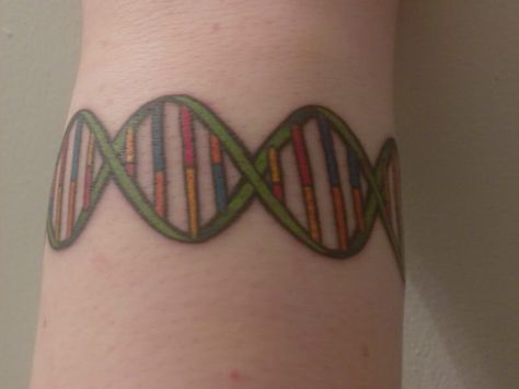 DNA wrist Dna Wrist Tattoo, Dna Tattoo Ideas, Wrist Band Tattoo, Science Tattoos, Dna Tattoo, Tattoo Band, Statue Garden, Anklet Tattoos, Wrist Tattoo