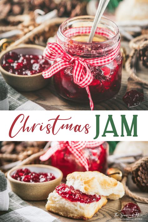 Christmas Jam is a perfect gift to share with friends and neighbors during the holiday season, a delicious topping for biscuits or toast, and a bright addition to a charcuterie board with cheese, crackers, and other snacks. The strawberry cranberry jam is flavored with fresh orange zest and warm spices for a festive, sweet treat! Christmas Jam Recipes, Cranberry Fluff, Shipshewana Indiana, Christmas Jam, Cranberry Jam, Plum Recipes, Jar Of Jam, Jam Recipes Homemade, Easy Homemade Gifts