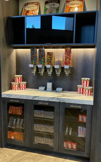 Movie Room Snack Bar, Theater Room Ideas On A Budget, Room Snack Bar, Movie Theater Snack Bar, Home Theater Snack Bar, Media Room Ideas, Theatre Room Ideas, Home Theater Ideas, 50's Diner