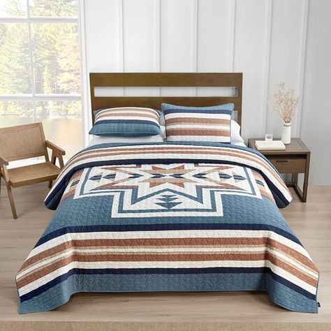 PENDLETON 29274 Silver City Full/Queen Quilt Set Soft Cotton Bed Cover Rustic Home Decor Bedspread Luxury Coverlet Set Cozy Lightweight Quilt and Pillow Shams Set, Full/Queen, Blue Mirage Pendleton Bedding, City Quilt, Western Comforter Sets, Western Bedding Sets, Western Quilts, Western Bedroom Decor, Western Bedding, Western Bedroom, Geometric Quilt