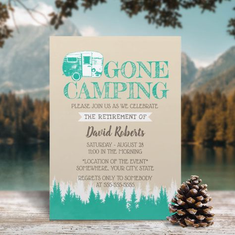 Retirement Camping Trailer Happy Camper Invitation - Retirement Party gifts Happy Camper Invitation, Rustic Camping, Retirement Party Gifts, Retirement Invitations, Camping Theme, Gold Border, Retirement Parties, Retirement Party, Camping Trailer