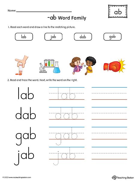 Ab Words Worksheet, Ab Family Words Worksheets, Ab Words, Ab Word Family, Reading Exercises, Spell Words, Ccvc Words, Workbook Design, Word Family