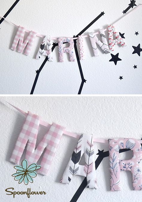 DIY No-Sew Personalized Name Garland - A DIY nursery doesn’t always mean you have to break out the sewing machine! Using a hack on Spoonflower’s Fill-a-Yard®️ feature, Stefanie of The Style Safari is showing just how easy it is to create a custom name garland – no sewing required.  This easy DIY fabric name banner project can be finished in an afternoon.  Kids will love picking out the designs that decorate their name or initials!  #kidsroom #girlsroom #boysroom #nosew #diy #nursery Letter Garland Diy, Diy Letter Banner, Diy Fabric Letters, How To Sew Names On Fabric, Name Garland Diy, Madeline Olivia, Fabric Letters Diy How To Make, Name Banner Diy, Diy Fabric Letters Sewing