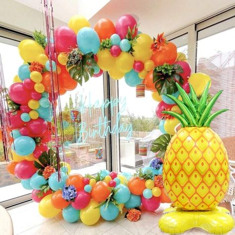 123pcs Tropical Flamingo Hawaiian Balloon Arch Garland Kit With Giant Pineapple Flamingo Pineapple Foil Balloons, And Sky Blue, Hot Pink, Orange, And Yellow Latex Balloons, For Luau Party Decoration, Aloha Summer Beach Birthday Party Decorations, Baby Shower | SHEIN USA Pineapple Balloon Arch, Hawaiian Balloon Arch, Beach Birthday Party Decorations, Hawaiian Decorations, Hawaii Decorations, Pineapple Balloons, Luau Party Decorations, Girls Birthday Party Decorations, Arch Ideas