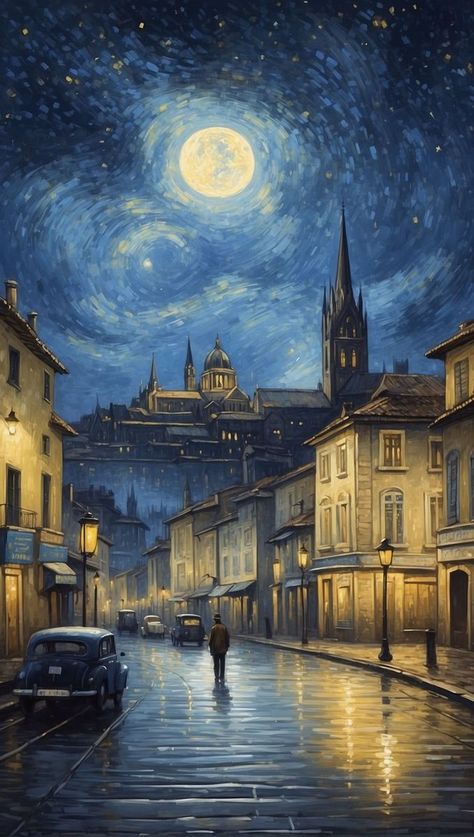 Under the watchful gaze of a luminous full moon, a European cobblestone street, kissed by recent rain, reflects the golden glimmers of street lights. A solitary figure walks into the night, their shadow stretching long and their journey a tale untold. The warmth of the historic buildings contrasts the cool blue of the swirling night sky, creating a harmonious blend of color, light, and mystery. This timeless scene whispers the poetry of the night to every dreamer's heart. 🌕✨🌃 Night Painting Moonlight, Scene Whispers, Night Time Art, Vintage Scenery, Rain Street, Cobblestone Street, Road Painting, Shadow Painting, Moonlight Painting