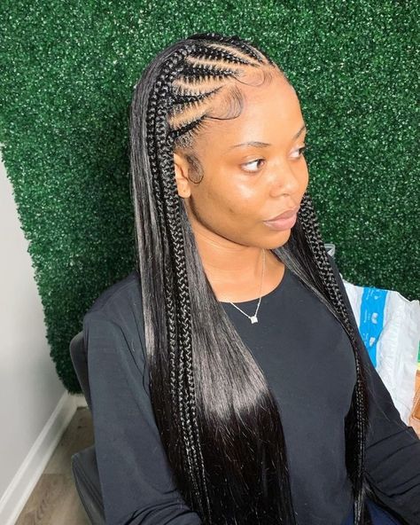 Straight Back Weave Hairstyles, Braids With Sow In, Cornrows In Front Sew In Back, Braided In The Front Straight In The Back, Braid With Hair Out In The Back, Briads In The Front Straight Hair In The Back, Braids With Balls At The End, Braids To The Scalp With Weave, Feed In With Sew In Back