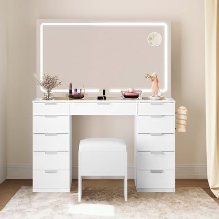 Product Description Elevate your beauty corner with this elegant white Vanity Desk Set. The combination of a LED lighted mirror, glass top, and ample storage ensures both style and functionality. It's an ideal gift for your loved ones on birthdays, holidays, or special occasions. Whether you're getting ready for a night out or a professional live broadcast, this vanity desk set is a perfect choice for creating a personalized and organized beauty space. Specifications Color :White Material:Engineered Wood Product Dimensions :11.7"D x 46.06"W x 55.9"H Fabric Type :Mdf Size: One Size. Makeup Vanity And Computer Desk Combo, Vanity Ideas Bedroom Glass Top, Glass Vanity Ideas, Cute Bedroom Vanity, Vanity Desk With Mirror And Lights, White Vanity Bedroom, Vanities For Bedrooms, Vanity Desk Organization, Ikea Vanity Ideas