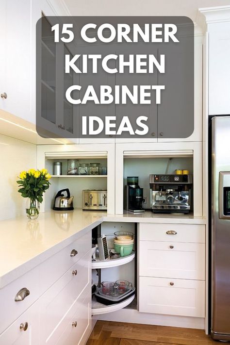 Unlock the potential of every corner with these 15 innovative kitchen cabinet ideas! From chic pull-outs to smart organizers, find the perfect blend of style and functionality for your space. 🛠️✨ #KitchenDesign #SpaceSavingIdeas #GoTinySpace Kitchen Corner Garage Cabinet, Ideas For Corner Kitchen Cabinets Spaces, Corner Appliance Garage Ideas, Smart Kitchen Organization, Lower Kitchen Corner Cabinet Ideas, Small Kitchen Appliance Garage, Kitchen Appliance Garage Corner, Cool Kitchen Cabinet Ideas Storage, Kitchen Cabinet For Small Appliances