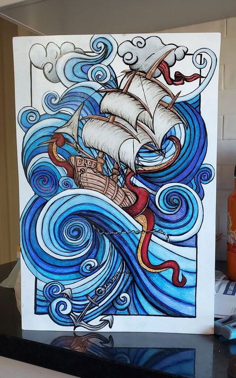 Drawing Pirate Ship, Nautical Art Drawing, Mix Media Drawing, Pirate Ship Doodle, Arts And Crafts Drawing, Pirate Ship Painting Easy, Pirate Drawing Ideas, Watercolor Pirate Ship, Pirate Art Drawing