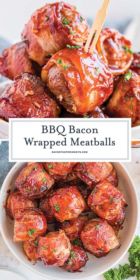 Tender, juicy homemade meatballs wrapped in crispy bacon and slathered in your favorite BBQ sauce. Great appetizer or side! Wrapped Meatballs, Bacon Wrapped Meatballs, Party Food Easy Appetizers, Best Beef Recipes, Appetizer Meatballs, Bbq Bacon, Homemade Meatballs, Side Dish Recipes Easy, Bbq Meat