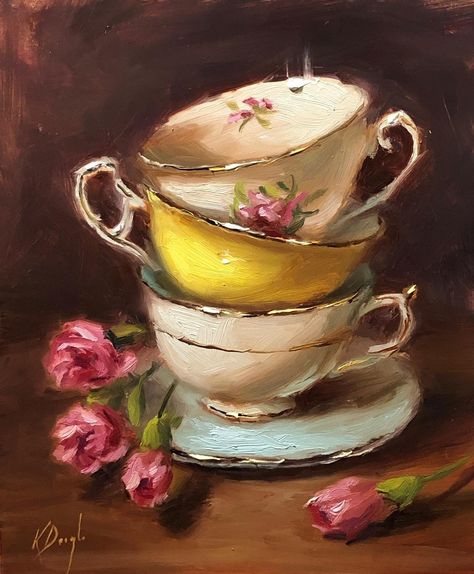 Stacked Tea with Roses Tea Cups Stacked, Still Life Tea Cup, Teacup Oil Painting, Tea Cups Drawing, Cup Of Tea Drawing, Flowers In Teacups, Paintings Of Objects, Tea Party Painting, Tea Cup Painting