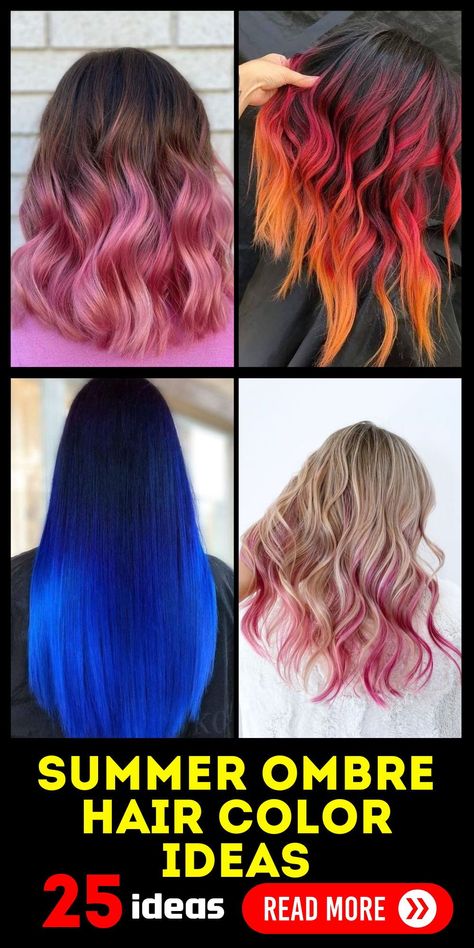 Embrace the fantasy of summer with ombre hair color ideas designed for brunettes with a flair for the dramatic. Mix in fantasy colors like sunset reds and vibrant oranges, creating a look that's as unique as it is striking. This style is particularly flattering for brunettes with straight, subtle hair, allowing the colors to blend seamlessly for a breathtaking finish. Fun Hair Color Ideas For Brunettes Fall, Long Hair Styles Braids, Summer Ombre Hair, Brunette To Blonde Balayage, Fun Summer Hair, From Brunette To Blonde, Ombre Hair Color Ideas, Asian Skin Tone, Highlights For Brunettes