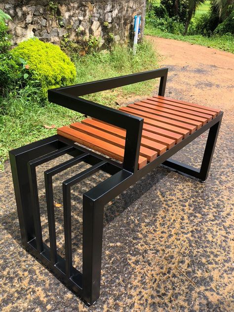 Made out of steel and teak Custom Steel Furniture, Metal And Wood Bench, Steel Furniture Design, Cool Fire Pits, Industrial Design Furniture, Welding And Fabrication, Metal Furniture Design, Metal Bench, House Gate Design