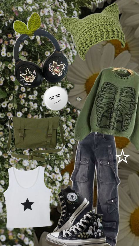 Army Green Aesthetic Outfit, Forest Grunge Outfit, Colorful Grunge Outfits, Modern Grunge Outfits, Red Grunge Outfit, Green Grunge Outfit, Ella Outfit, Grunge Fairycore Outfits, Grunge Clothes Aesthetic