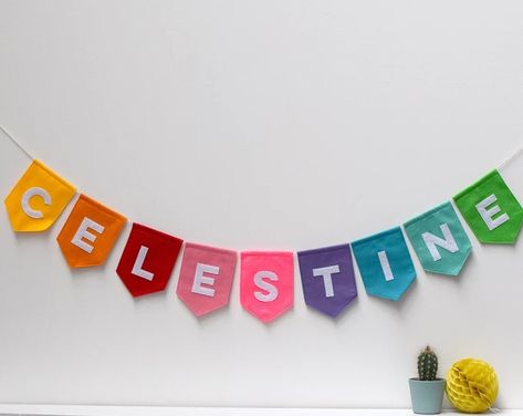 HouseofHooray - Etsy Garland Party Decor, Baby Name Banners, Banner Nursery, Arty Ideas, Nursery Garland, Felt Bunting, Name Bunting, Rainbow Nursery Decor, Personalised Bunting