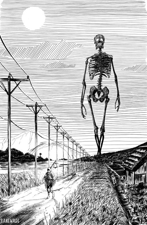 baneart:“pencil and ink, gashadokurothe point of the assignment was to use illustrative lines.” Images Pop Art, Giant Skeleton, Japanese Folklore, Skeleton Art, 다크 판타지, Odaiba, A Skeleton, Tattoo Life, Arte Sketchbook