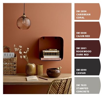 Rust Paint Color Sherwin Williams, Sunset Sherwin Williams, Windswept Canyon Sherwin Williams, Sherwin Williams Spiced Cider, Sherwin Williams Rust Colors, Spiced Cider Sherwin Williams, Hushed Auburn Sherwin Williams, Moody Paint, Red Accent Wall