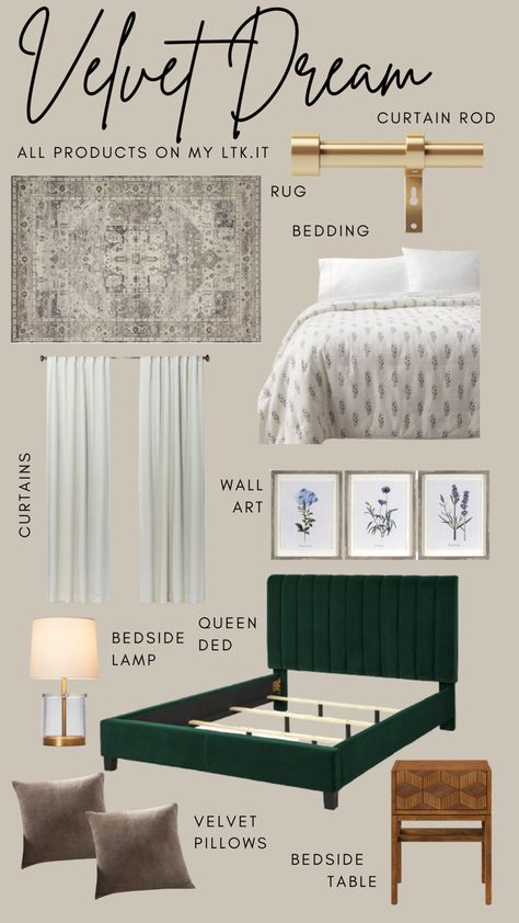 Pictured is a Moodboard. With a velvet green queen bed, white curtains, gold curtain rod, white bedding with small watercolor blue and green flowers, wall art for above the bed, a bedside table lamp, modern bedside table and a beautiful rug. Green Velvet Bed, Bedroom Inspirations Green, Bedroom Moodboard, Green Headboard, Velvet Bedroom, Green Bed, Bedroom Ideas For Small Rooms Cozy, Small Guest Bedroom, Velvet Bed Frame