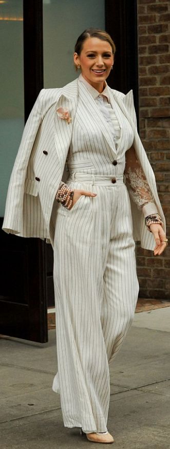 Women Wedding Suit, 3 Piece Suit Women, Lesbian Wedding Outfits, Fashion Outfits Women, White Wedding Suit, Stripe Vest, Lesbian Outfits, Women Suits Wedding, Pant Suits For Women