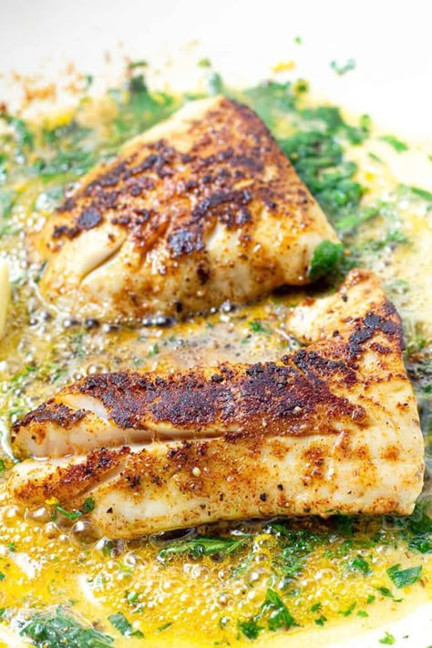 Pan Fried Lemon Butter Cod | This 15 minute lemon butter fish and spaghetti dinner is elegant enough for date night but perfect for a quick and easy weeknight dinner also! With just 8 ingredients, many of which you might already have you in your kitchen, this is a simple, delicious dinner that your family is going to love! Pan Seared Cod Recipes Butter, Lemon Butter Cod Recipes, Sauteed Cod Recipes, Pan Fried Fish Recipes Simple, Pan Fry Cod, Seared Cod Recipes, Cod Fish Recipes Pan Seared, Pan Seared Cod Recipes, Panfish Recipes