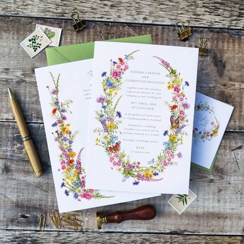 Wildflower Wedding Invitations, Spring Wedding Flowers, Flower Wedding Invitation, Luxury Card, Wedding Timeline, Wildflower Wedding, Colored Envelopes, Wedding Invitation Suite, Floral Illustrations