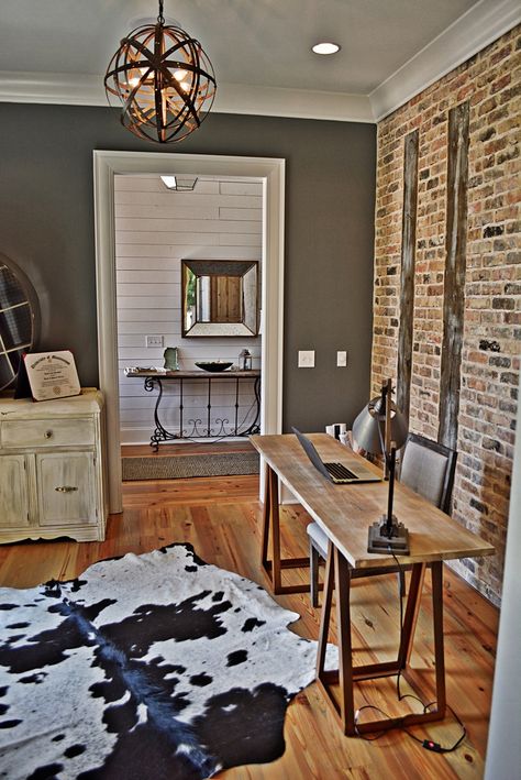 Office with exposed brick wall | Iron Point Homes                                                                                                                                                      More Brick Wall Office, Industrial Flat, Brick Wall Living Room, Stone Walls Interior, Stairs In Living Room, Investment Company, Salon Suites, Bedroom Wall Hangings, Desk In Living Room