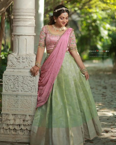 Lehanga Colours Combination, Half Saree Belt Designs, Pink Green Half Saree, Dhavani Colour Combination, Pastel Colour Half Sarees, Pastel Half Sarees, Pastel Green Combination Outfit, Lehenga Colour Combination, Pastel Colour Lehenga For Engagement