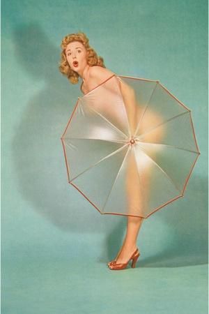 'Naked Lady Hiding Behind Transparent Umbrella' Art Print | Art.com Burlesque Vintage, Pinup Photoshoot, Transparent Umbrella, Pinup Poses, Tank Art, Pin Up Poses, Vintage Fashion 1950s, Pin Up Photos, Pin Up Posters