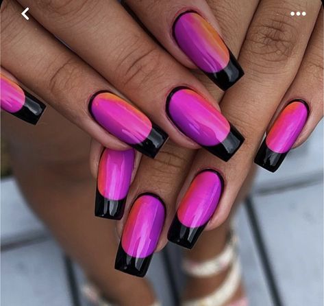 Black Neon Nail Designs, Neon Purple Nails Design, Neon Nail Ideas Summer Square, Black And Neon Pink Nails, Black And Neon Nail Designs, Neon And Black Nails, Nail Designs For Square Nails, Black Neon Nails, Neon Nail Ideas Bright Colors