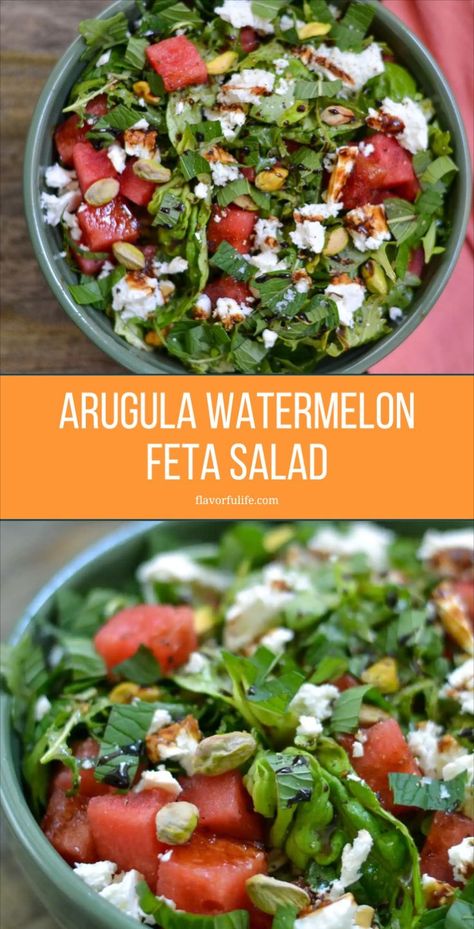 Try the best watermelon and feta salad for a healthy and refreshing summer time treat. This watermelon salad is easy to make and delicious. The watermelon arugula salad combines juicy watermelon, tangy feta, peppery arugula, and a hint of balsamic for a perfect dish. Watermelon Feta Salad Balsamic, Arugula Watermelon Feta Salad, Watermelon Feta Salad Recipes, Watermelon Arugula Salad, Watermelon And Feta Salad, Balanced Salad, Salad With Balsamic Vinaigrette, Best Watermelon, Watermelon Salad Recipes