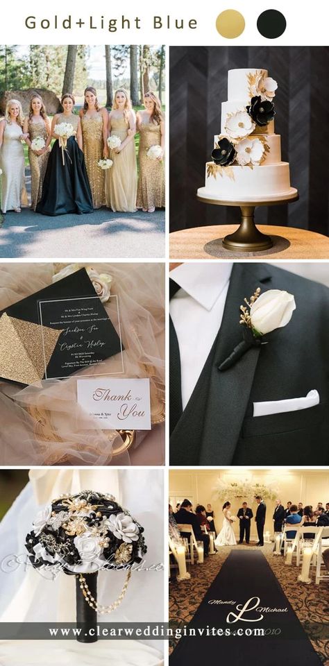 9 Hottest Gold Wedding Color Ideas for 2011/2022 – Clear Wedding Invites Black And Gold Wedding Color Schemes, Wedding Colors Black And Gold, Gold Theme Wedding Color Schemes, Black And Champagne Wedding Colors, Black And Gold Wedding Ideas, Black White Gold Wedding Theme, Metallic Wedding Colors, Black And Gold Wedding Theme, Black White Gold Wedding