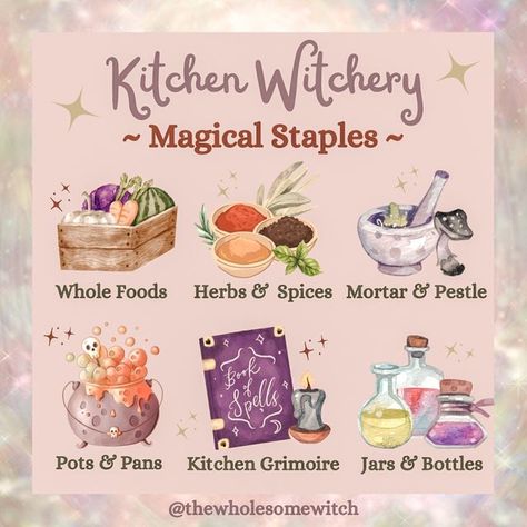 Kitchen Witch Recipes For Health, The Kitchen Witch, Cottagecore Kitchen Witch Aesthetic, Witch Foods Kitchen Witchery, Kitchen Witch Ingredients, Kitchen Altar Ideas, Kitchen Witch Baking, Practical Magic Recipes, Kitchen Witch Recipes Cooking