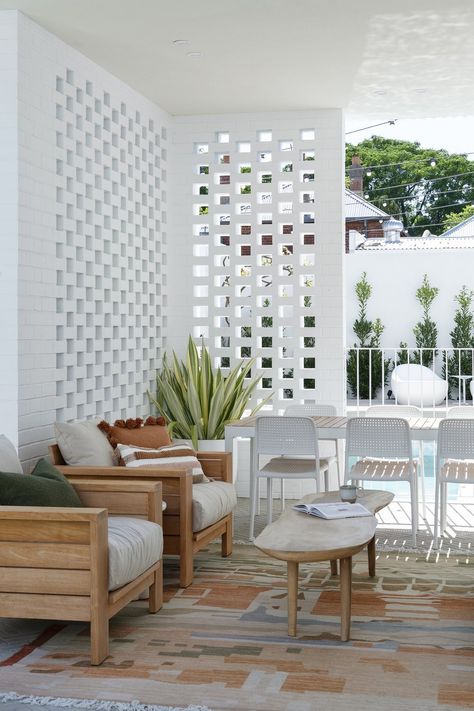 White Alfresco Area, Miami Backyard, Breeze Block Wall, White Patio, Breeze Blocks, Outdoor Lounge Area, White Palette, Outdoor Living Design, Patio Makeover