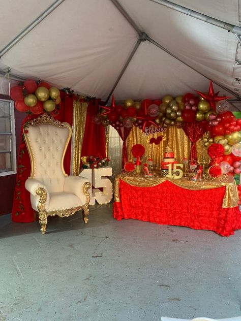 Quince Dessert Table Ideas Red, Quince Chair Decor, Red And Gold Quince Backdrop, Wine Red And Gold Quinceanera Theme, Sweet 16 Decorations Red And Gold, Red And Gold Quinceanera Theme Decorations, Red Decorations For Quinceanera, Red Quince Decor Ideas, Red And Gold Butterfly Quince Theme