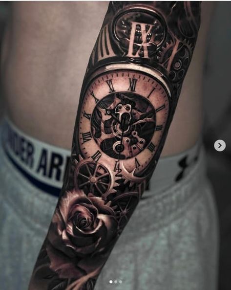 Rose, Clock, Jigsaw Gear Tattoo Pocket Watch With Roses Tattoo Design, Mechanical Clock Tattoo Design, Clock Face Tattoo, Peter Tattoo, Gears Tattoo, Tattoos On Hands, Grandfather Clock Tattoo, Time Piece Tattoo, Clock Tattoo Sleeve