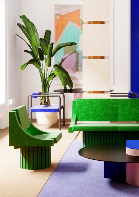 Modernism Interior Design, Modernism Interior, Lavender Living Room, Interior Design Colorful, Interior Design Green, Postmodern Architecture, Bold Interior, Geometric Furniture, Jacques Demy