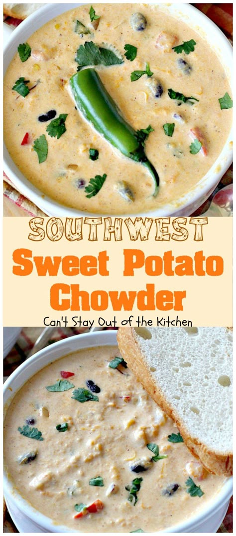 Southwest Sweet Potato Soup Potato Chowder, Paleo Crockpot, Sweet Potato Soup, Sweet Potato Recipes, Potato Recipes, Chowder, Soup And Salad, Soups And Stews, Sweet Potato